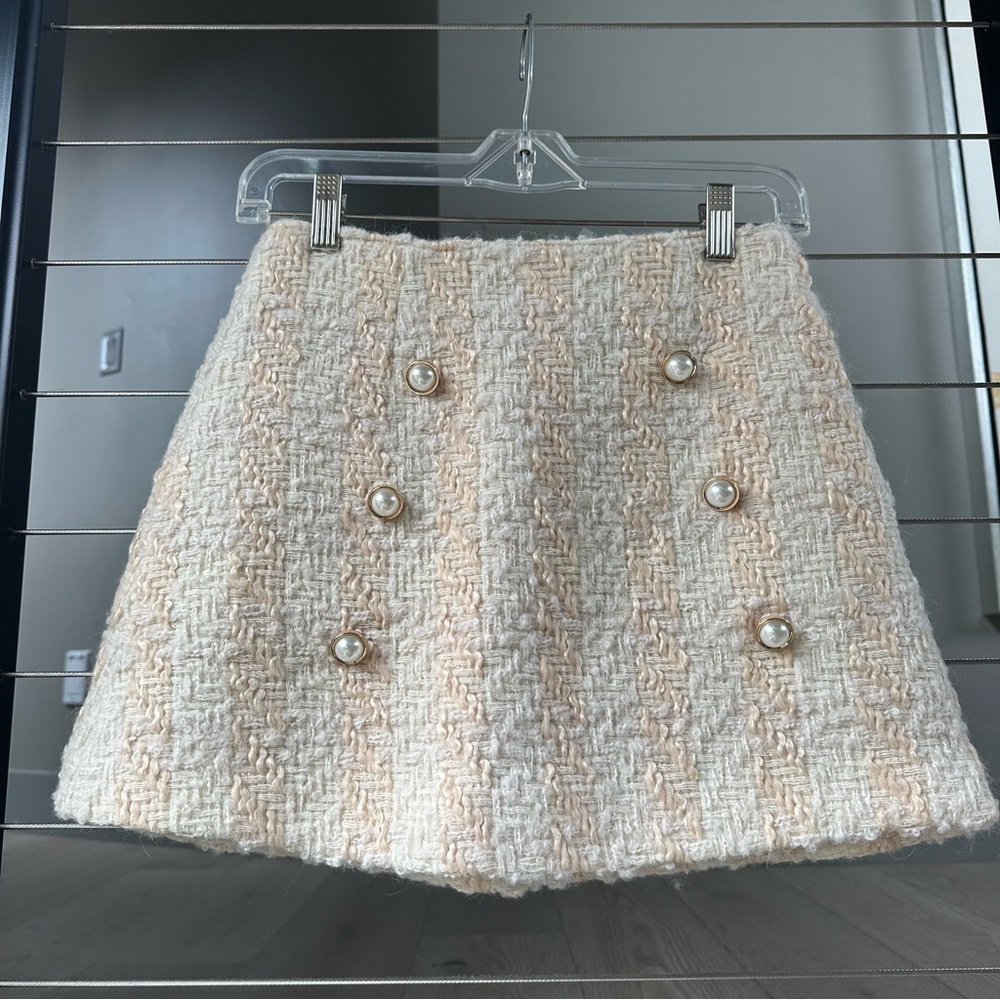 LoveShackFancy Cream Tweed Mini Skirt with Pearl Details